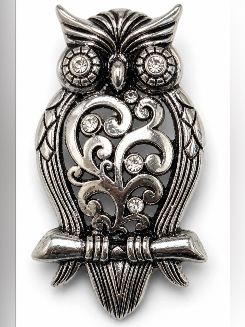 Large Vintage Style Silver Tone Owl Pendant Rhinestone Embellished Statement